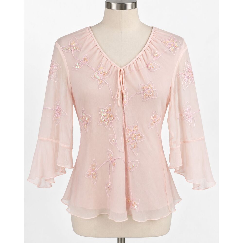 Silkland Sequin Embroidered Floral Lorelai Gilmore Fairy Cottagecore Blouse L